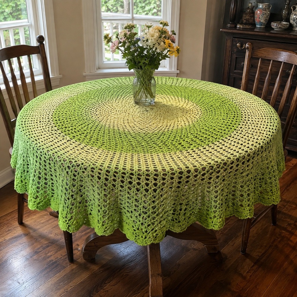 Handmade Crochet Round Tablecloth Green Yellow Ombre Lace Circular Wrap